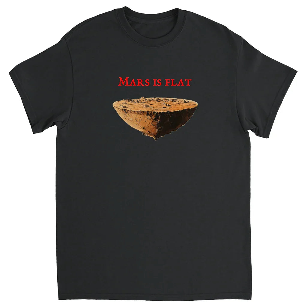 Black T-shirt with red text Mars is Flat and flat Mars planet graphic