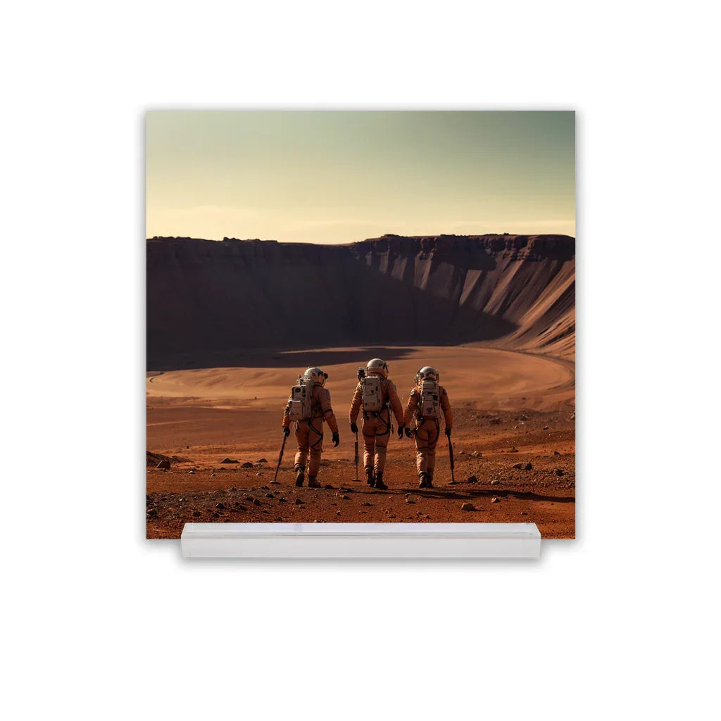 Three astronauts walking on a rocky red planet surface toward a large crater under a pale sky