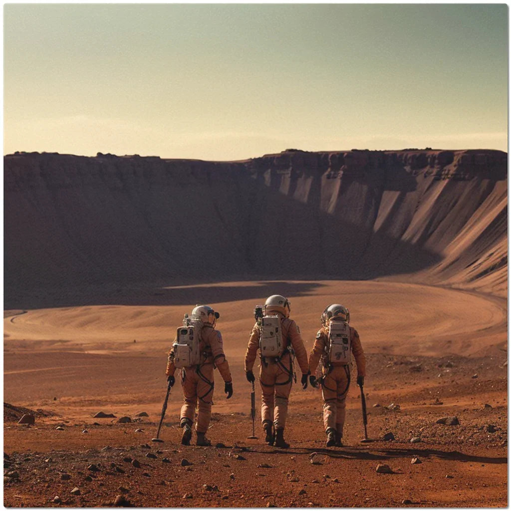 Three astronauts in orange suits walking on a rocky, reddish desert terrain near a large crater under a clear sky