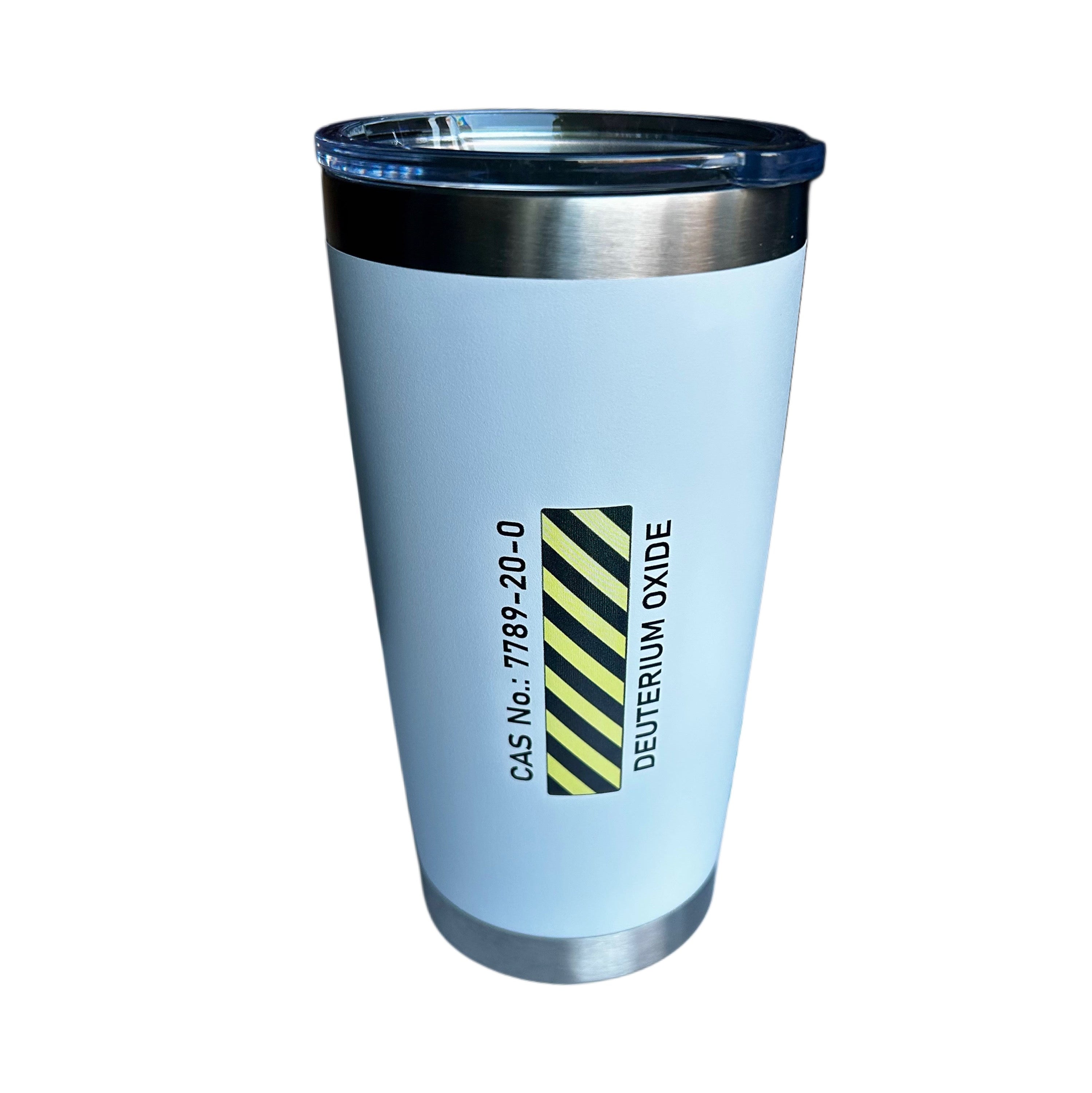 Light blue tumbler with metallic rim and text on a white background