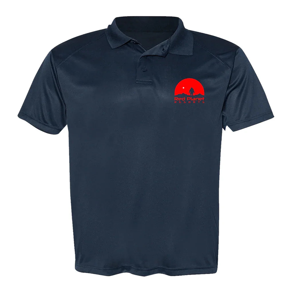 Navy blue polo shirt with Red Planet Resorts red logo featuring an astronaut and planet design
