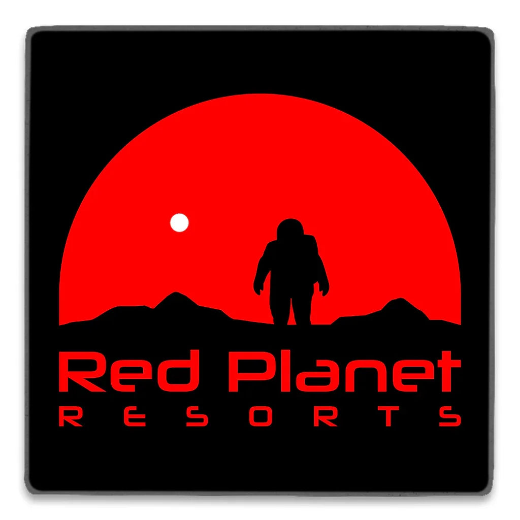 Red Planet Resorts logo with astronaut silhouette against a red planet backdrop and mountain outlines