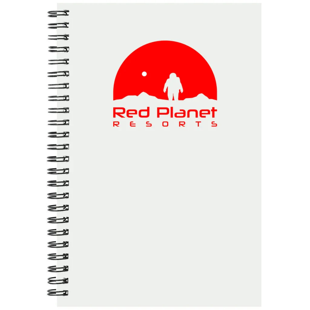 Spiral notebook with Red Planet Resorts logo featuring astronaut silhouette and red planet graphic