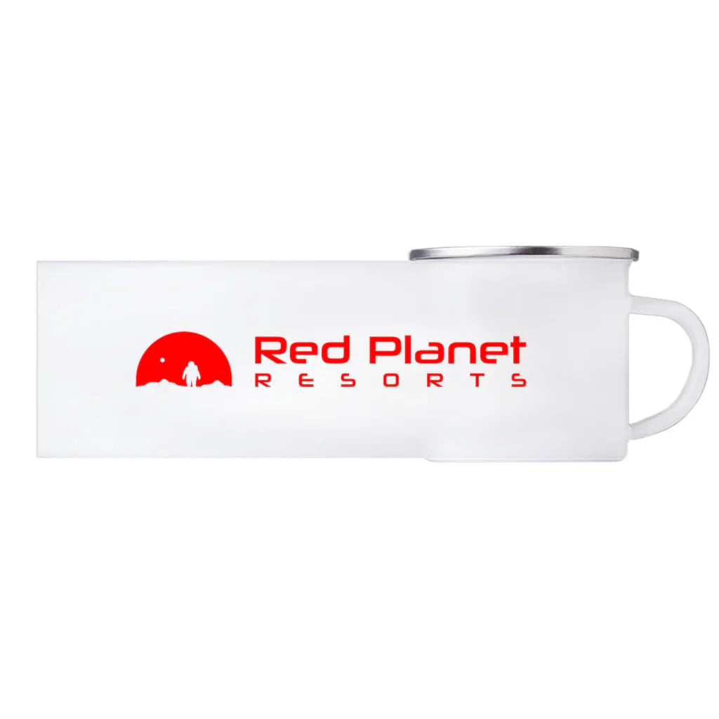 White metal camping mug with silver rim featuring Red Planet Resorts logo in red