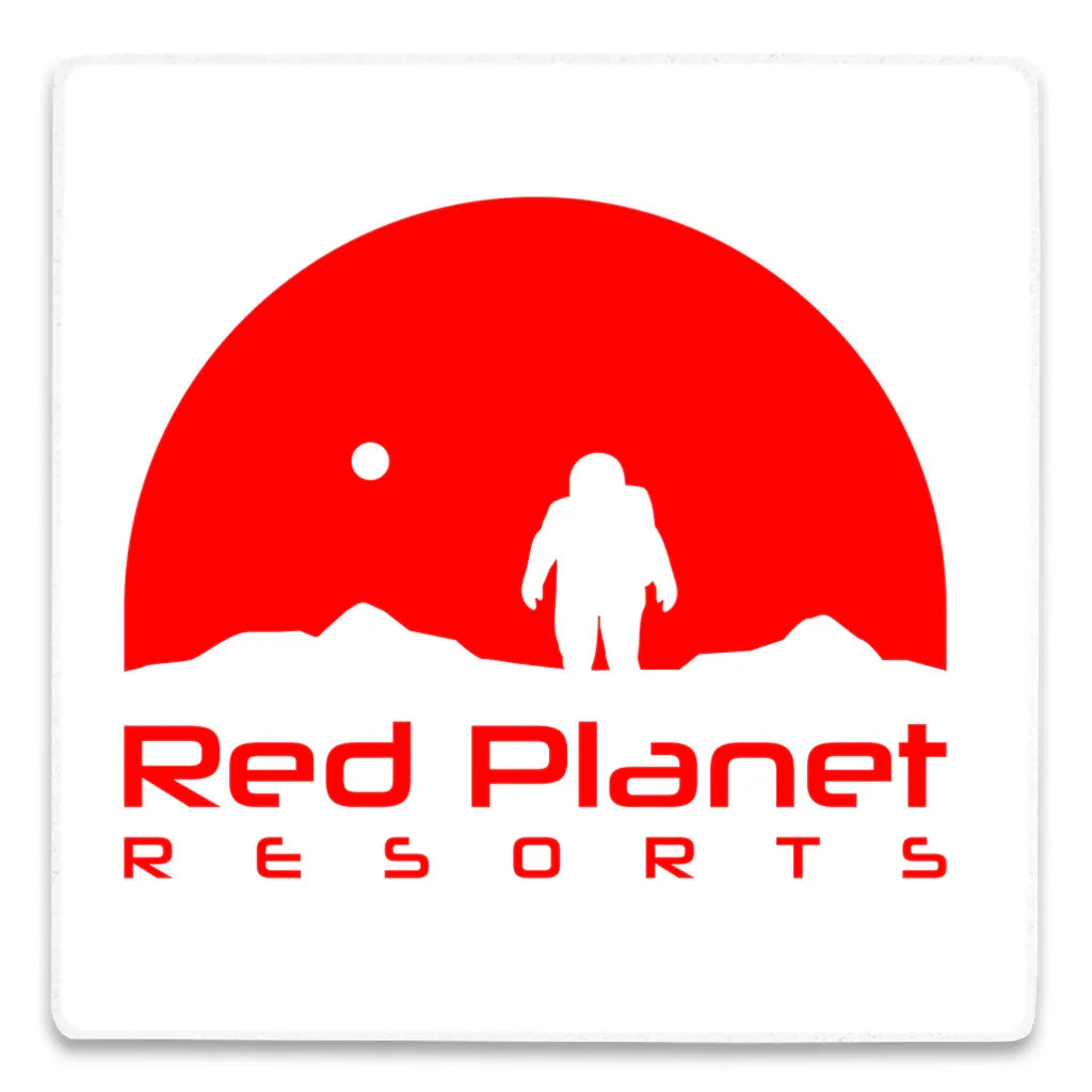 Red Planet Resorts logo with red silhouette of astronaut, planet surface, and sun on white background