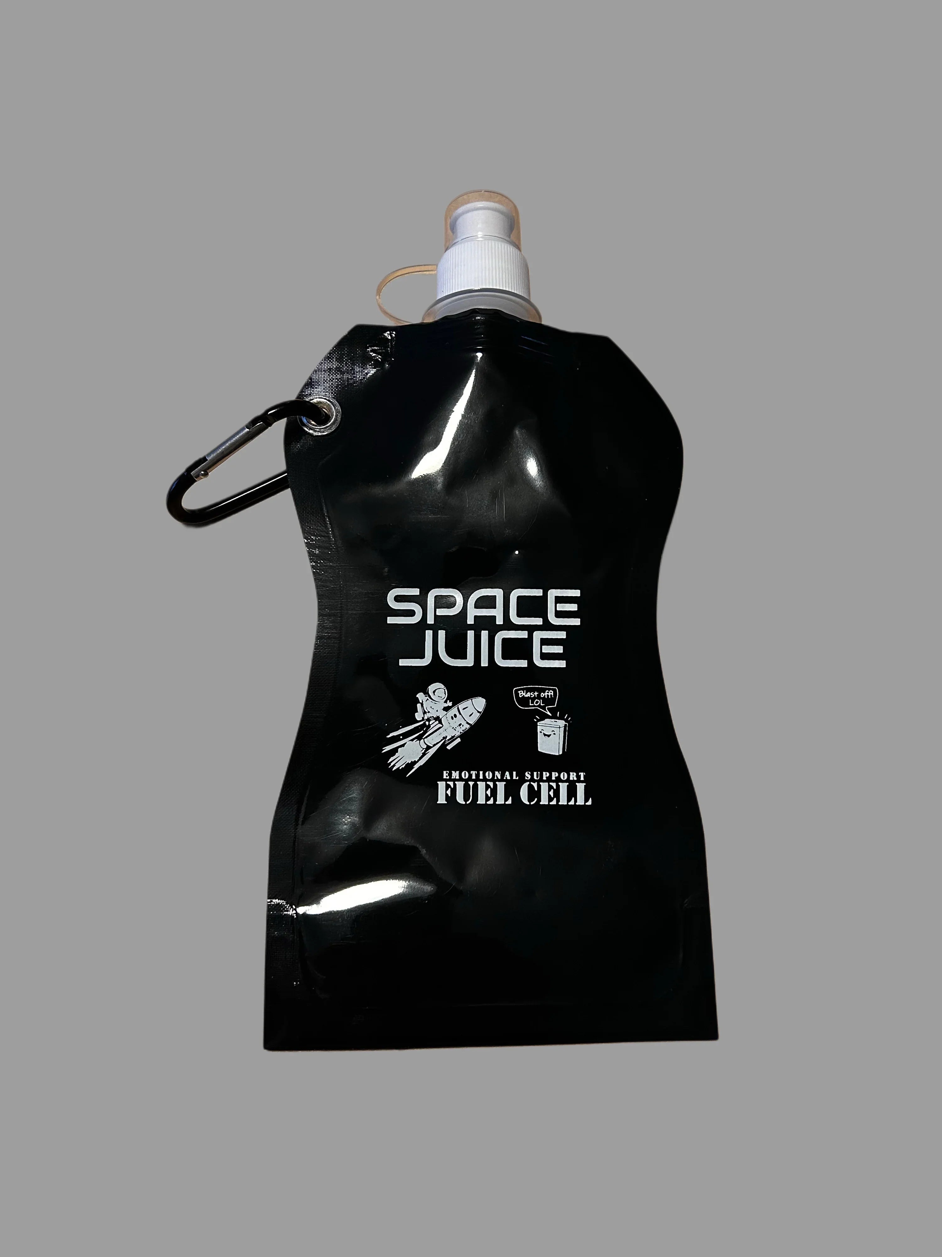Black collapsible water pouch with white text 'Space Juice Emotional Support Fuel Cell' and rocket illustration with carabiner