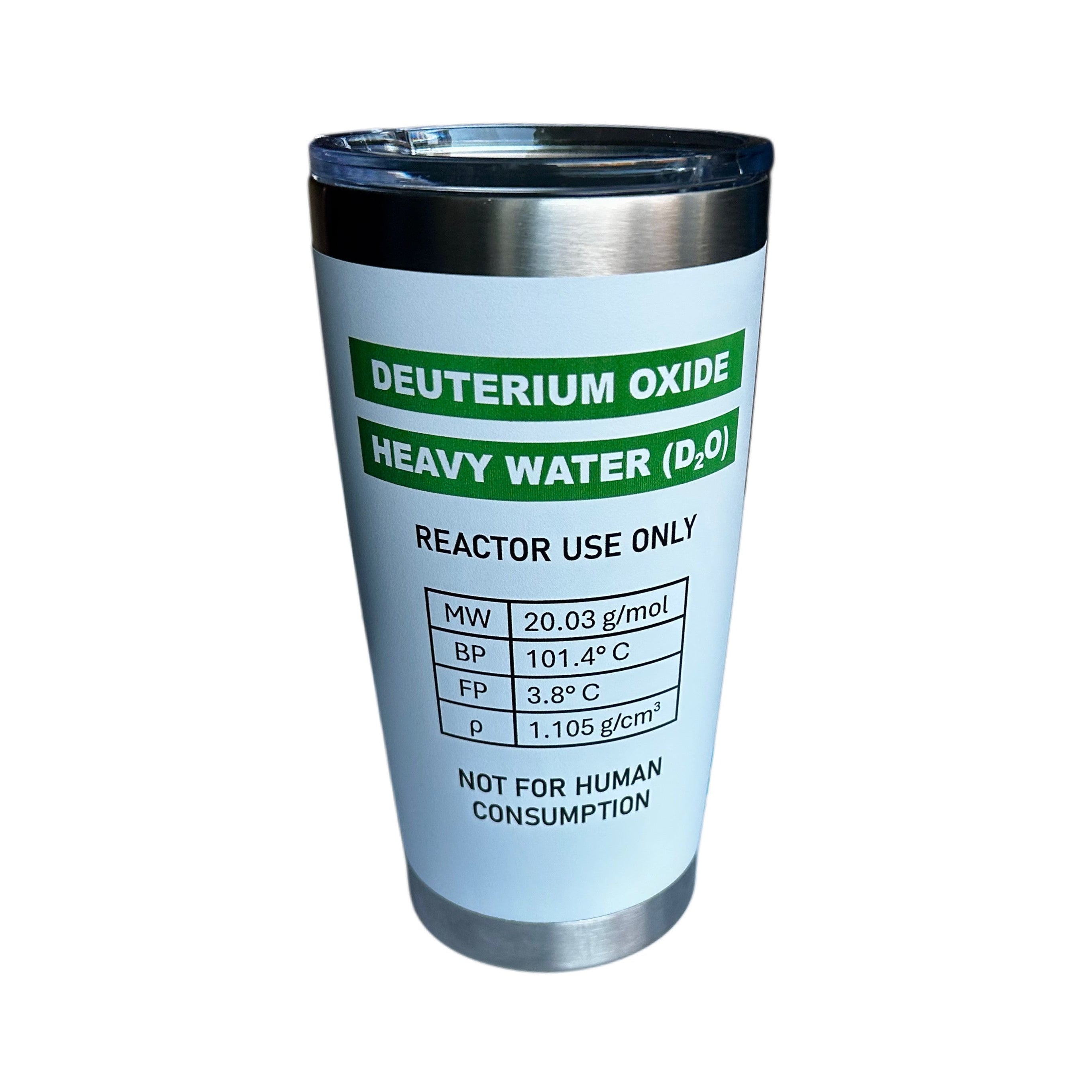 Tumbler with deuterium oxide and heavy water label on a white background