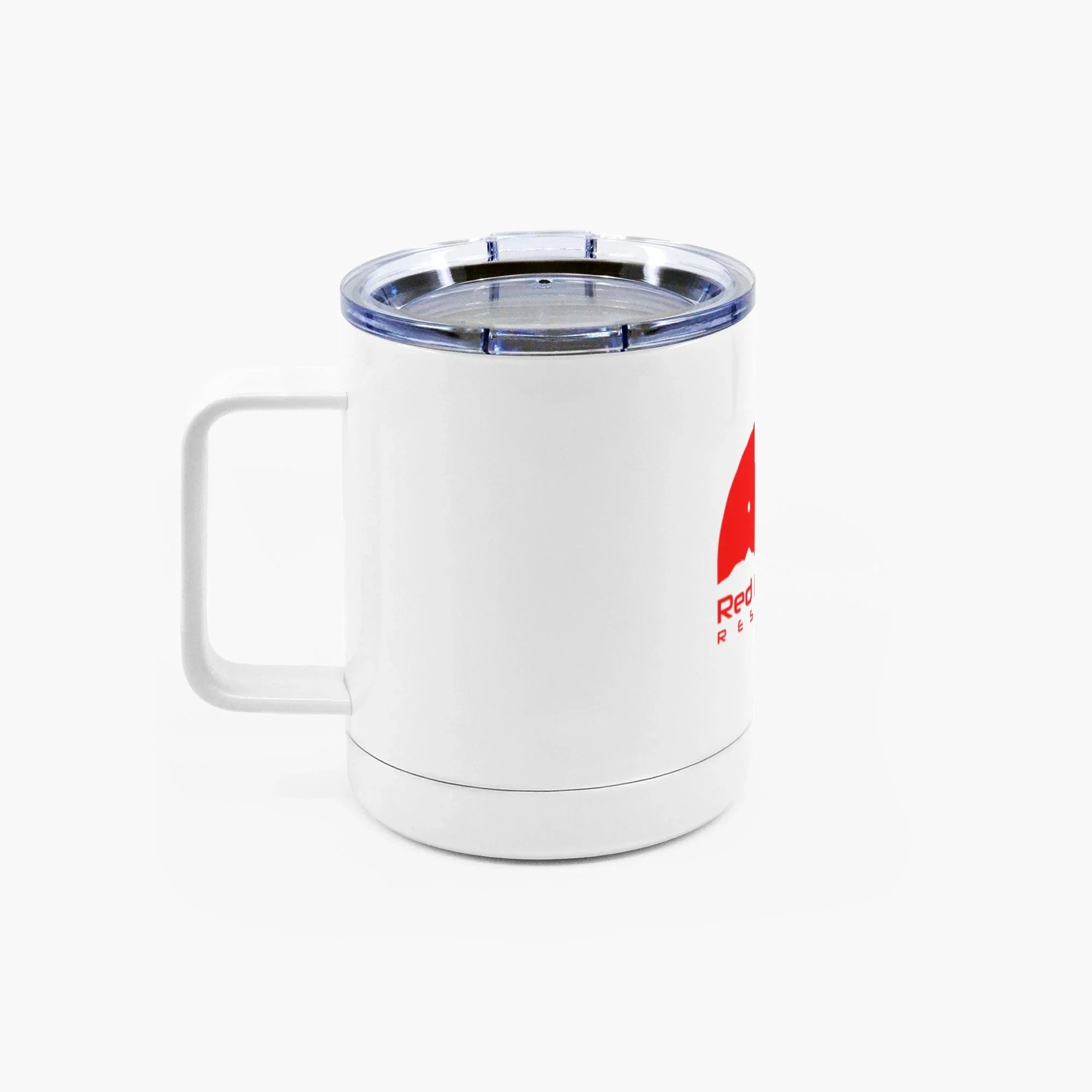 White insulated travel mug with clear lid and partial red logo on white background