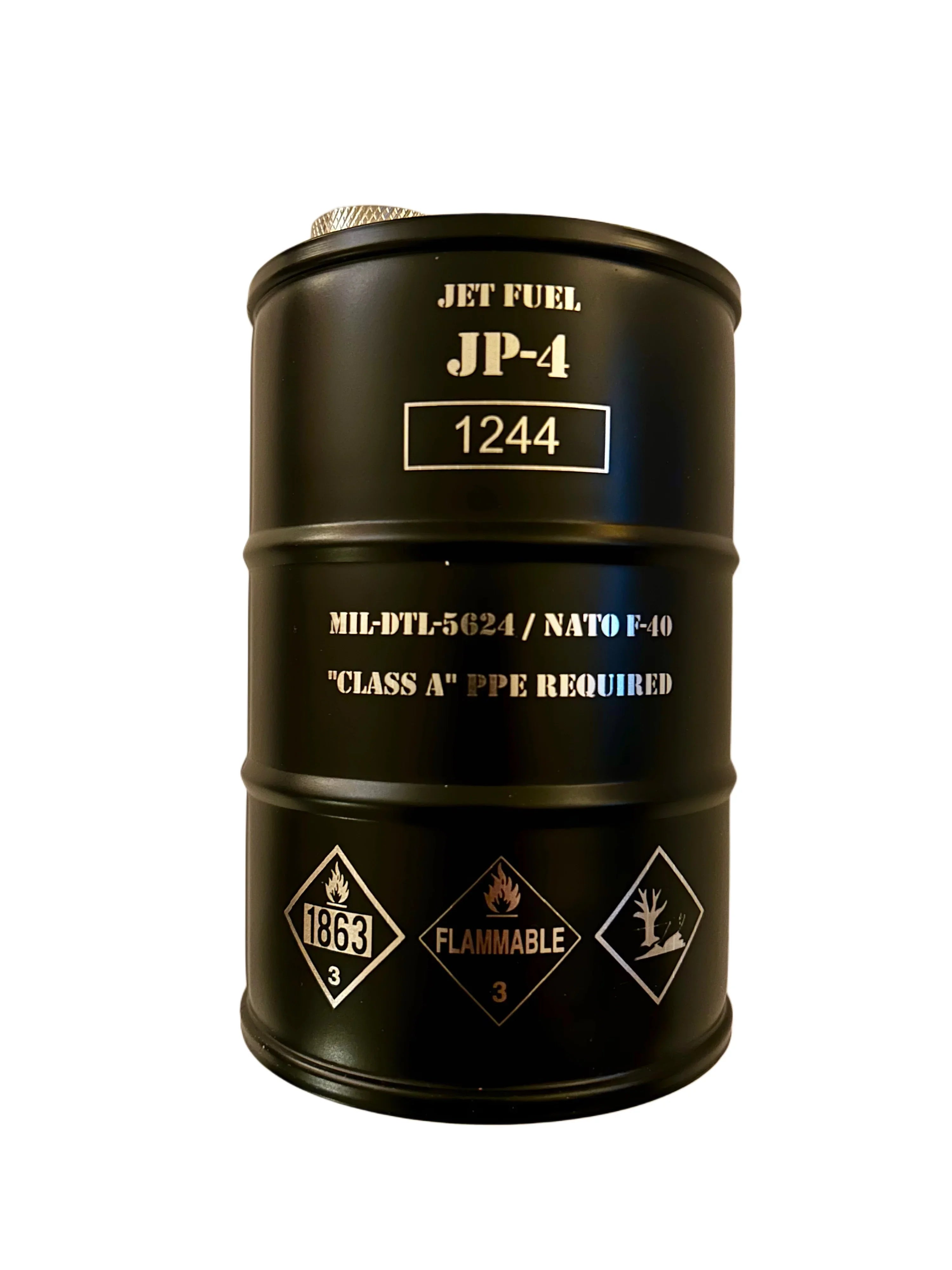 Black metal barrel labeled JP-4 jet fuel with hazard symbols and safety warnings
