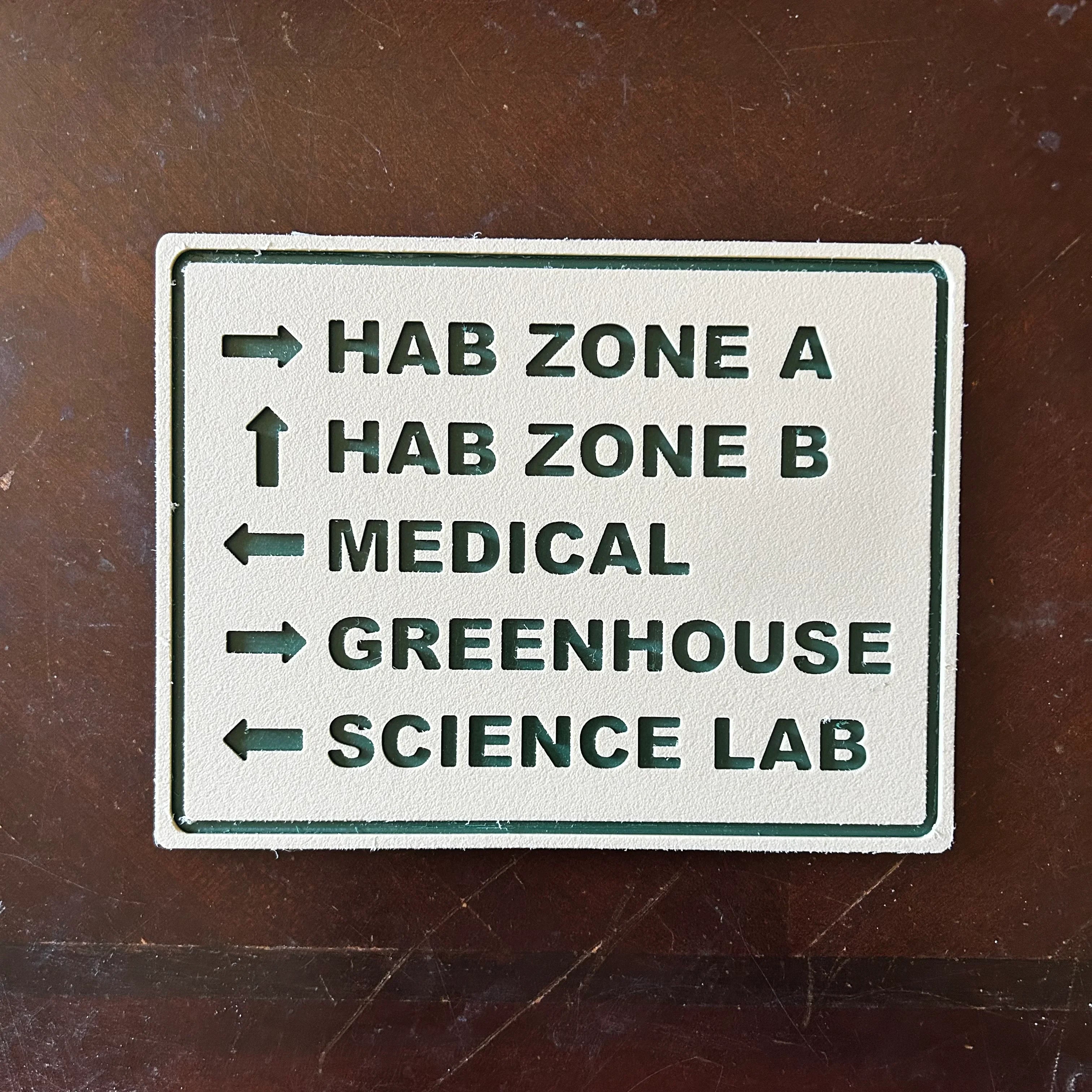 Beige directional sign with arrows pointing to HAB Zone A, HAB Zone B, Medical, Greenhouse, and Science Lab