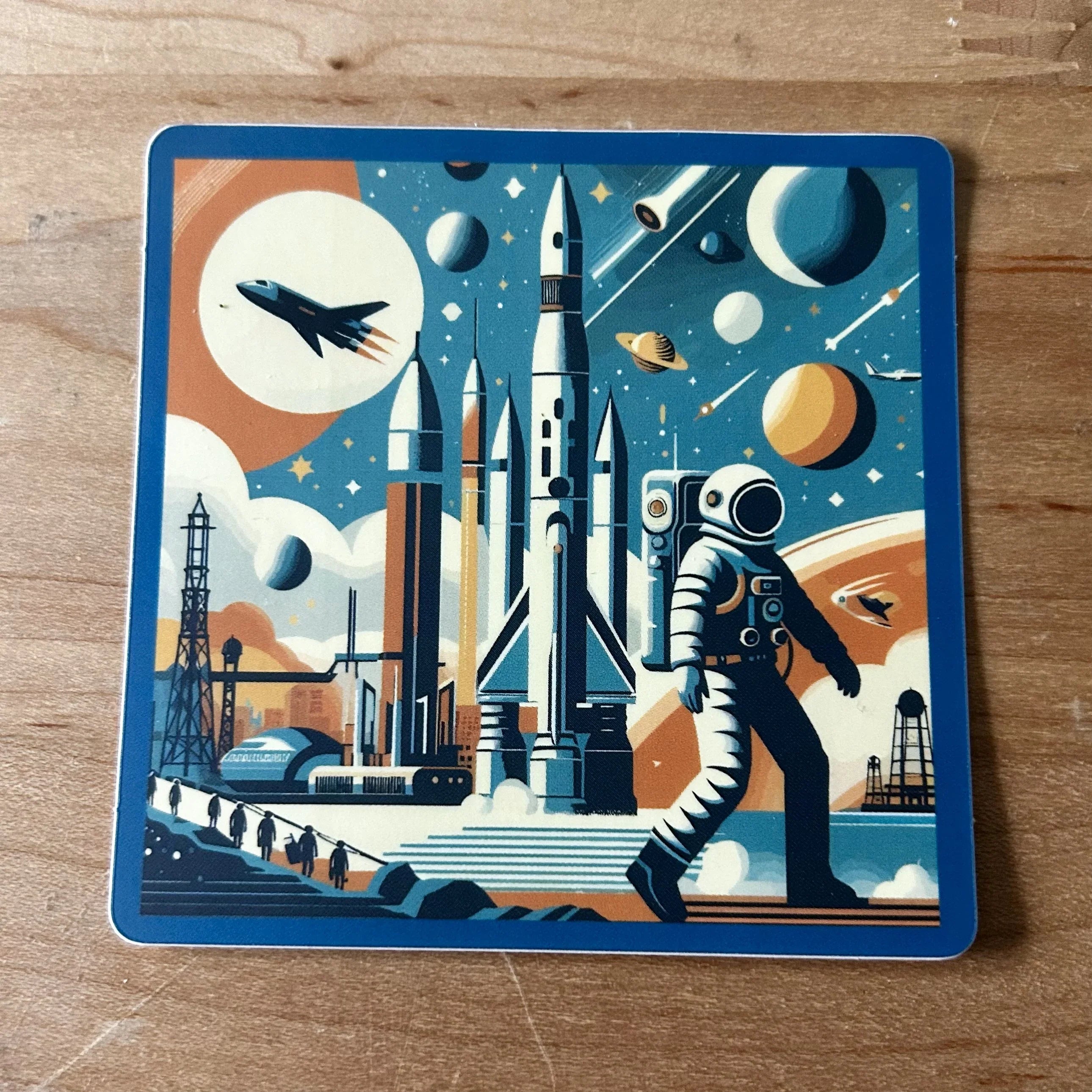 Retro space illustration with astronaut, rockets, planets, and space shuttles on launchpad
