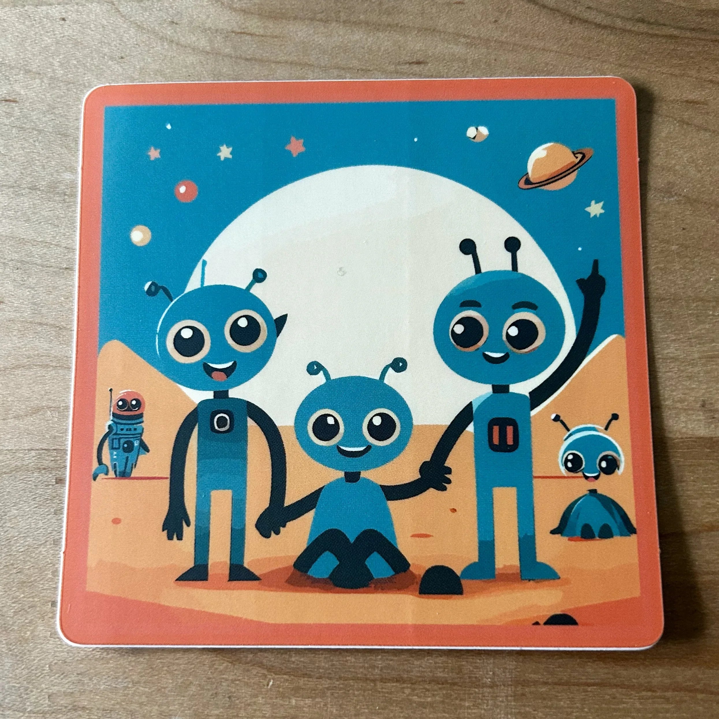 Illustration of three blue friendly aliens on an orange planet with stars and Saturn in background