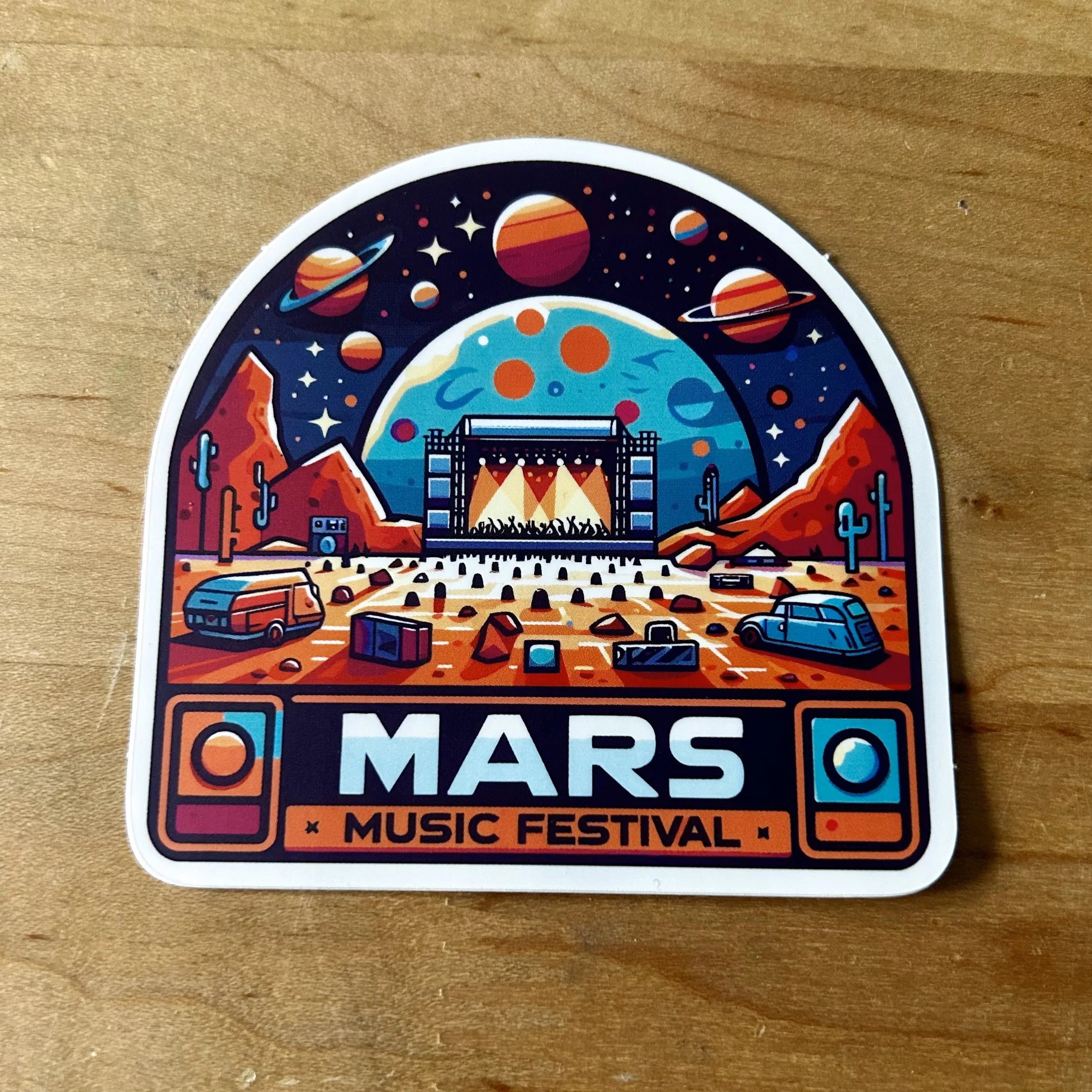 Mars Music Festival sticker with space-themed stage, planets, red rocky landscape, and vehicles