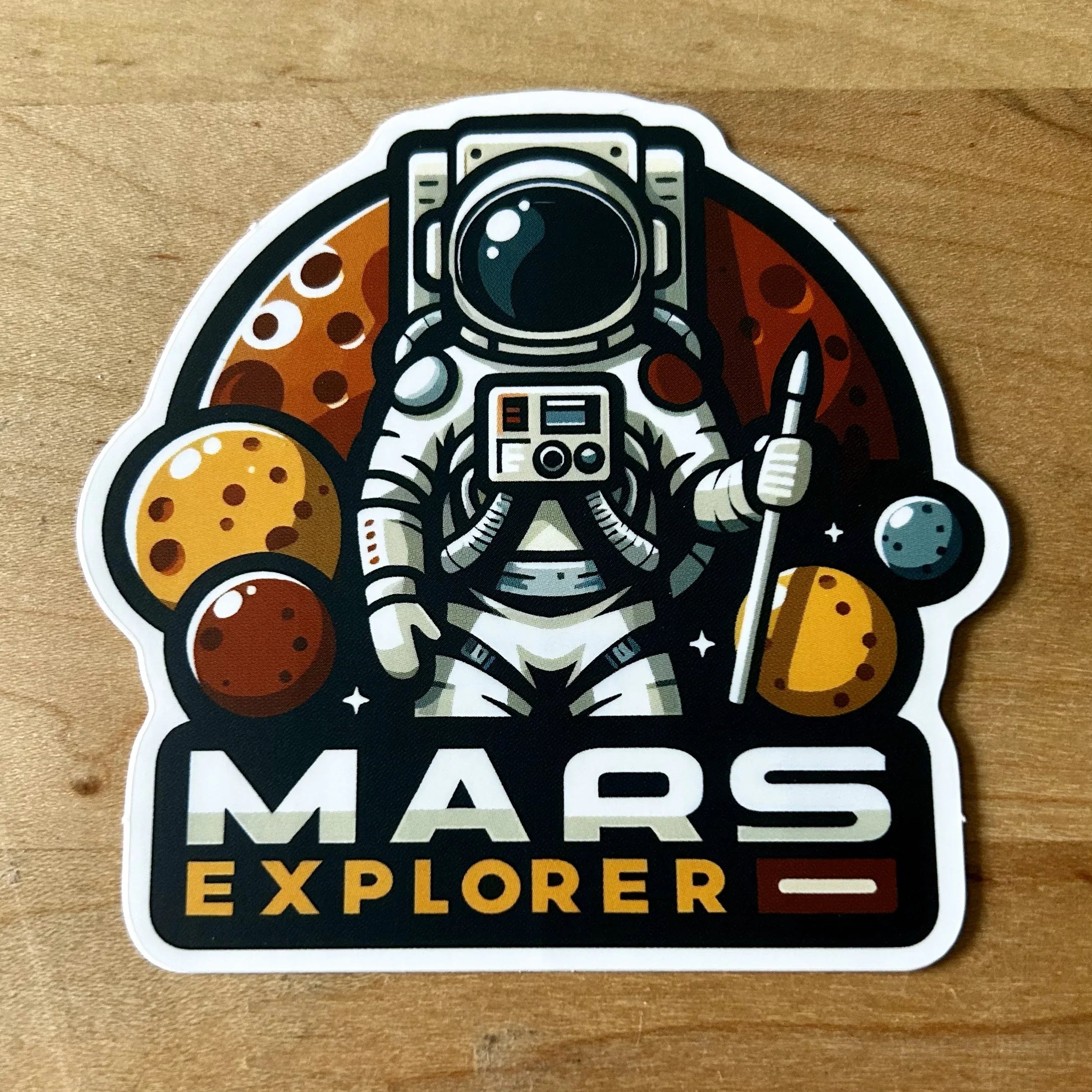 Mars Explorer sticker featuring an astronaut in space suit holding a flag with Mars and planets background