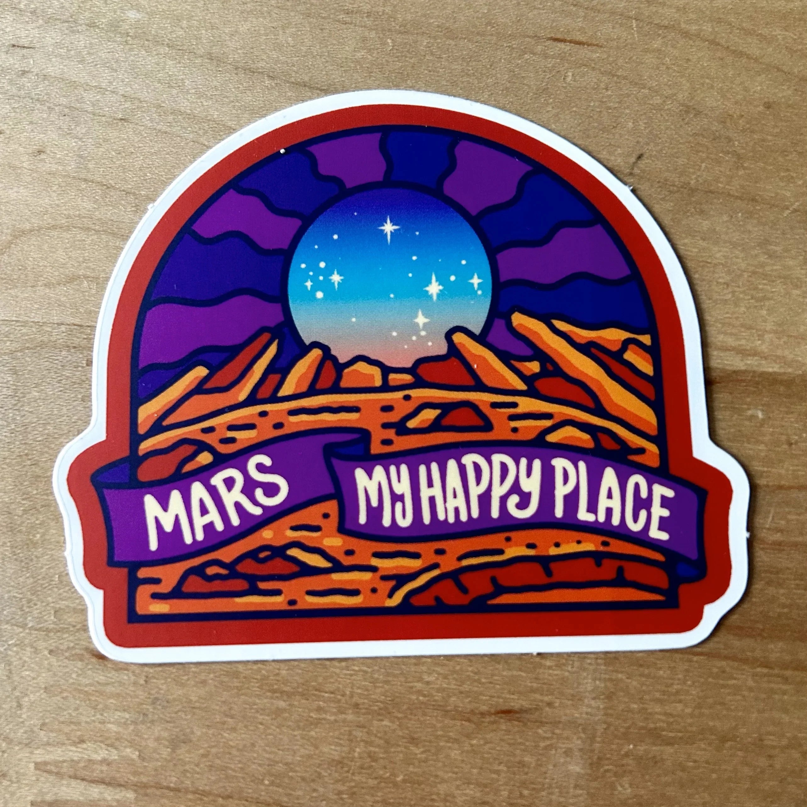 Colorful Mars sticker with rocky landscape, starry sky, and text 'Mars My Happy Place'