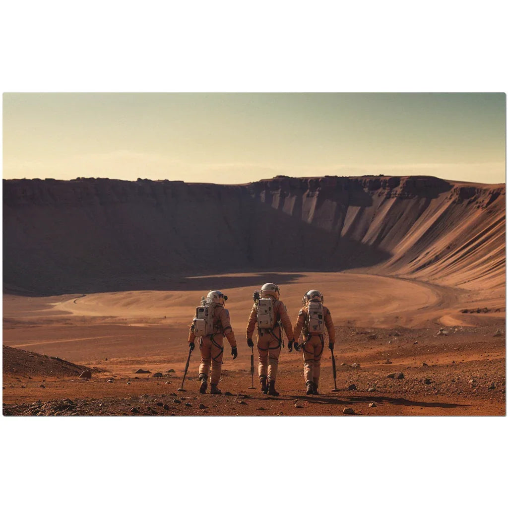 Three astronauts walking in orange space suits on rocky terrain near a large crater under a clear sky