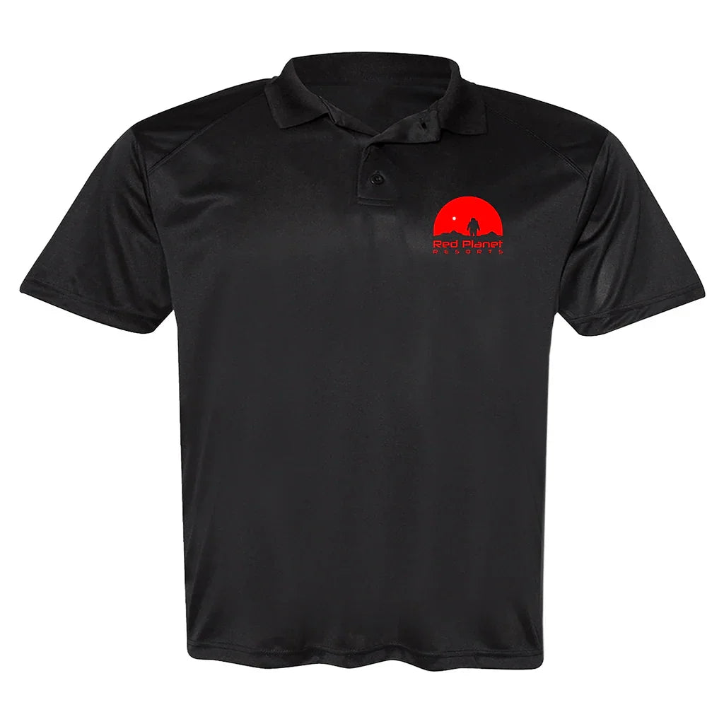 Black polo shirt with red Red Planet Resorts logo on chest featuring astronaut and planet design