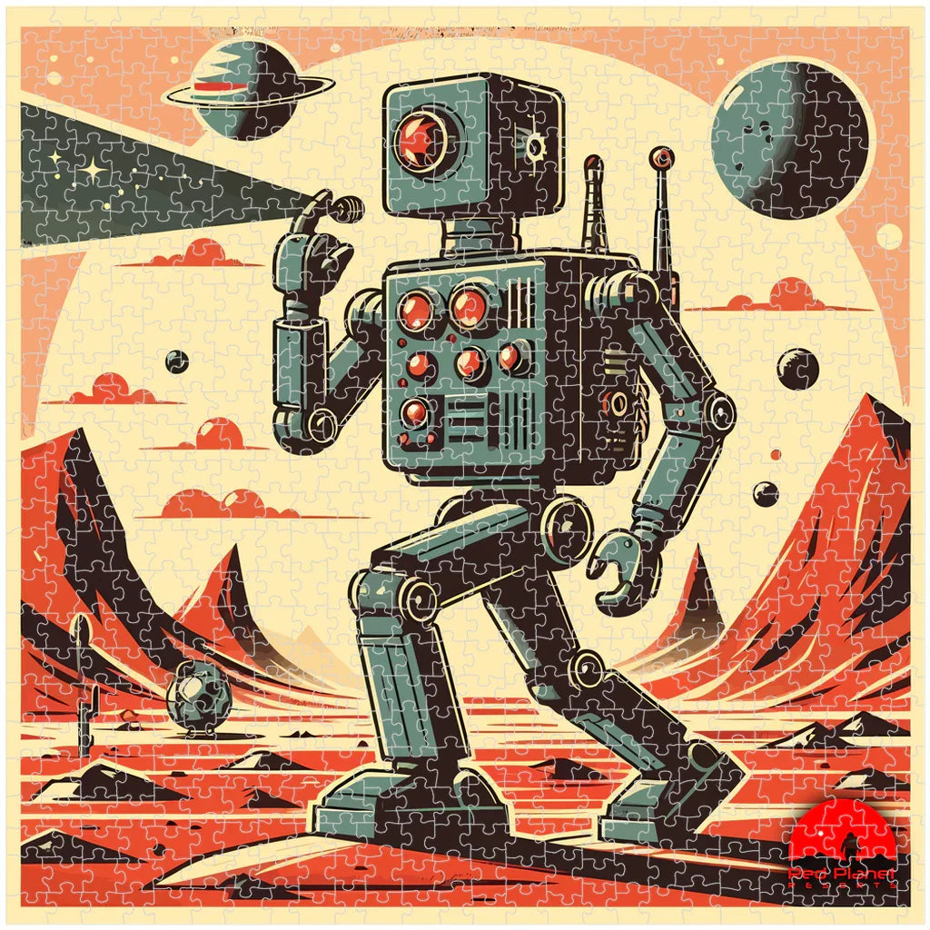 Retro robot with antennas on red alien planet landscape with mountains, planets, and stars puzzle art
