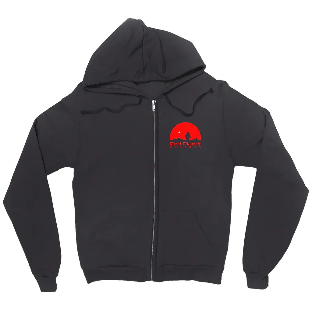 Black zip-up hoodie with red planet silhouette and Red Planet Resorts logo on chest