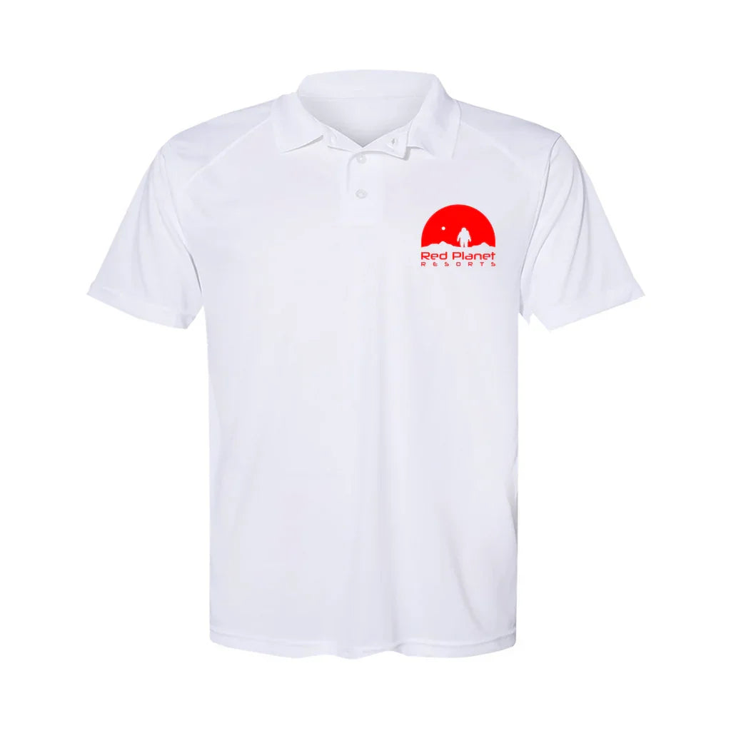 White polo shirt with Red Planet Resorts logo featuring a red sun and astronaut graphic