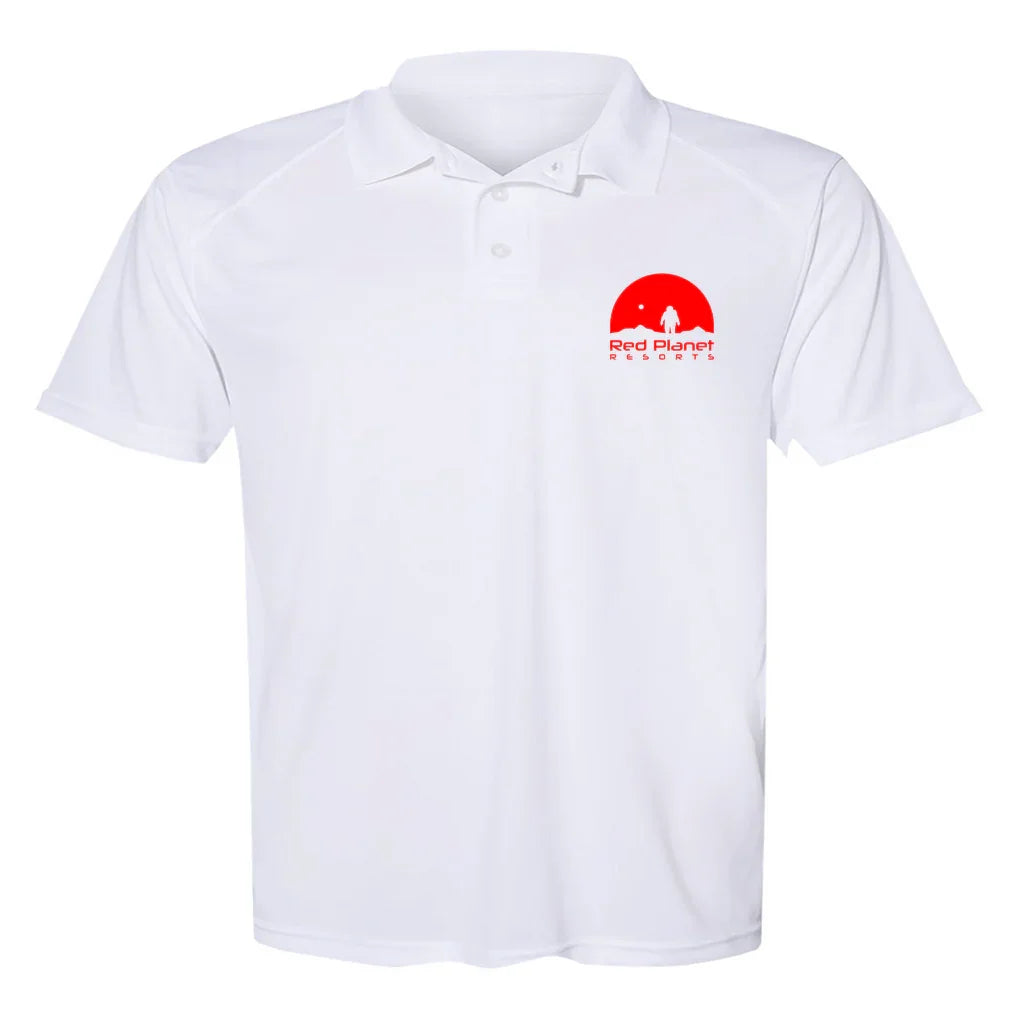 White polo shirt with Red Planet Resorts logo featuring red planet and astronaut silhouette