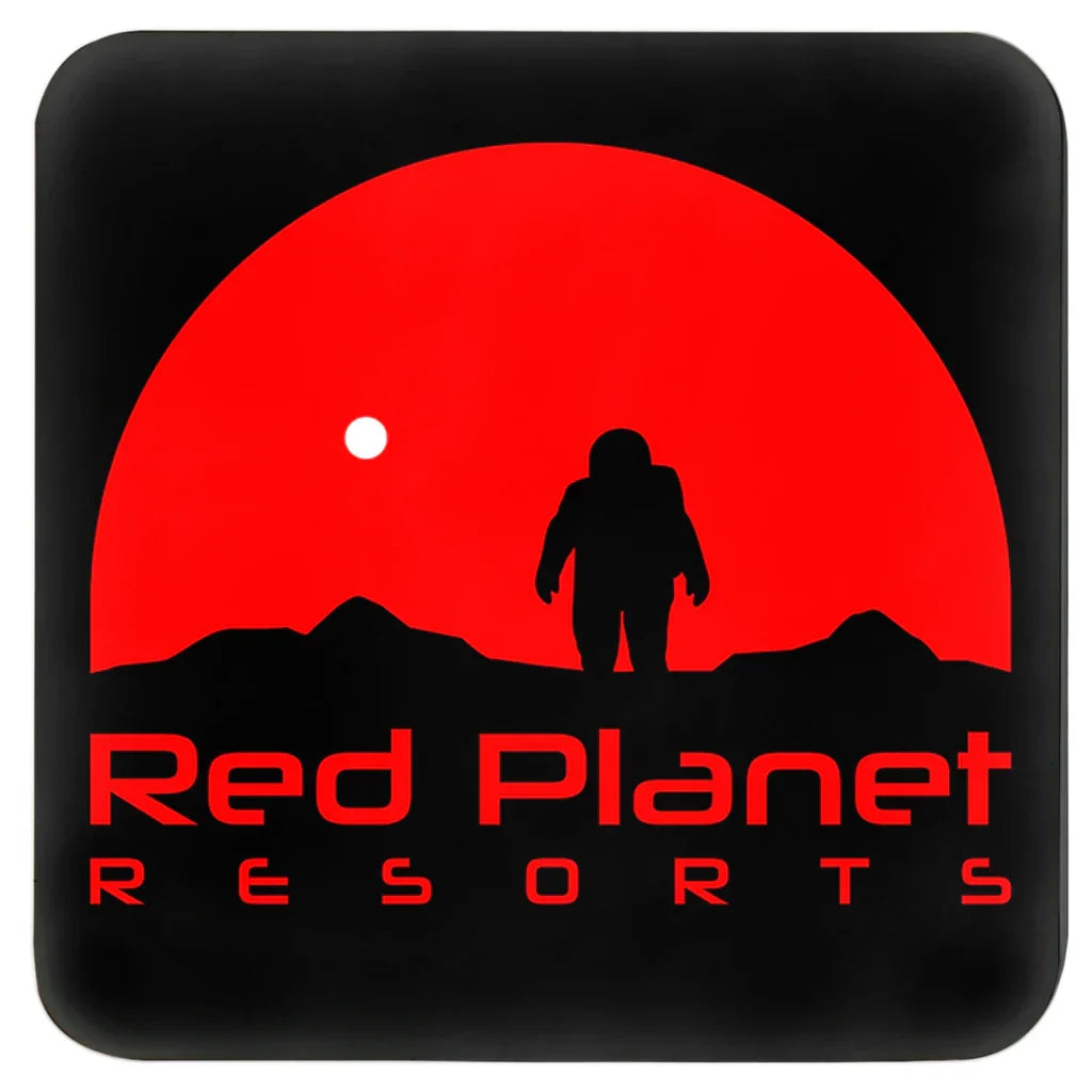Red Planet Resorts logo with black astronaut silhouette walking on rocky terrain against a large red sun