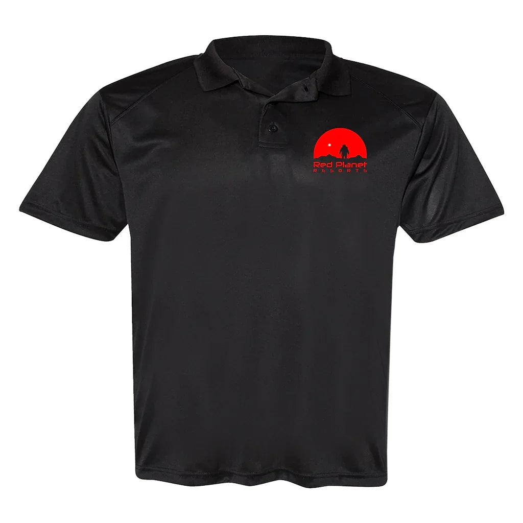 Black polo shirt with Red Planet Resorts logo featuring red sun and silhouette on chest