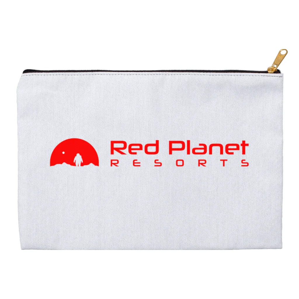 White zippered pouch with Red Planet Resorts logo featuring red astronaut and planet design