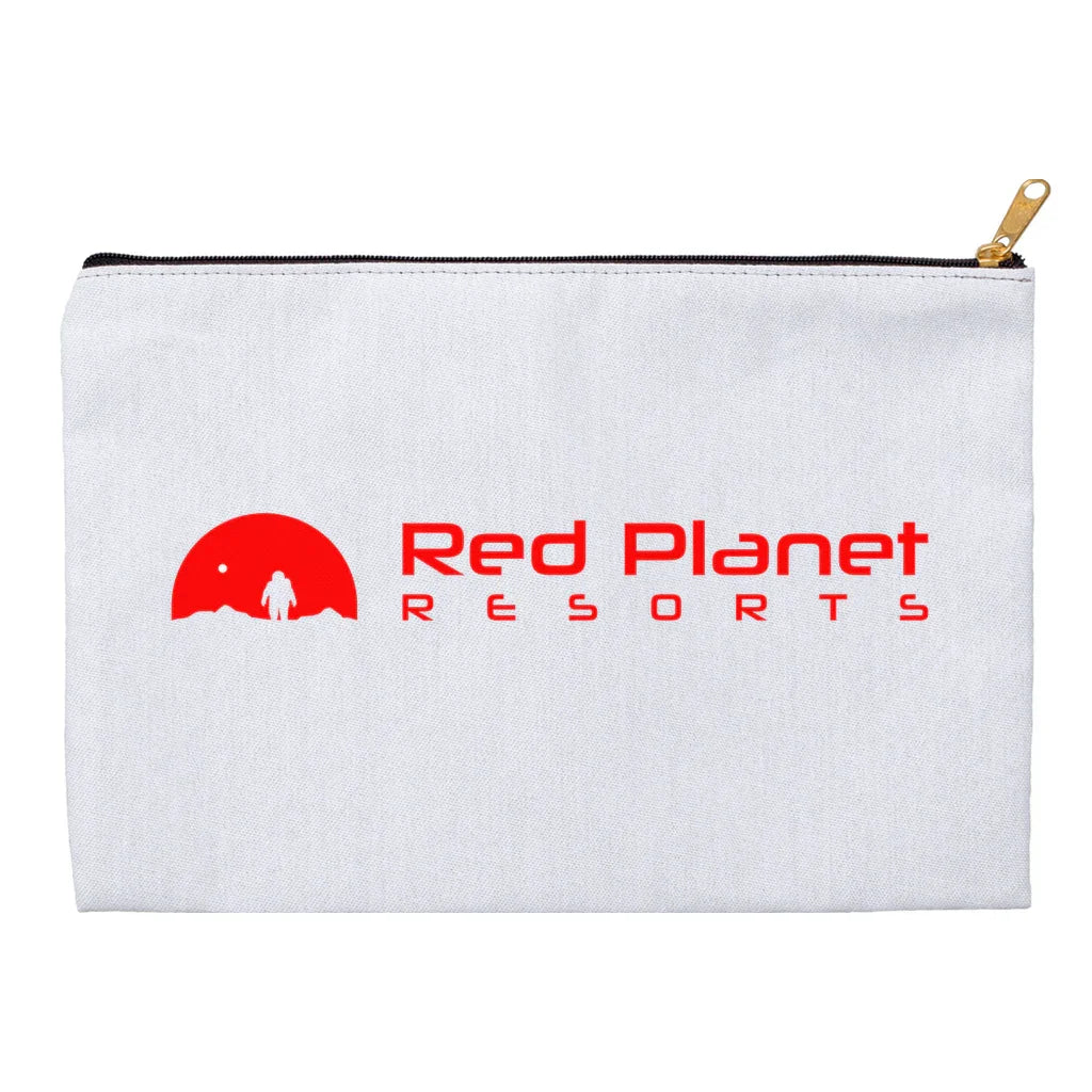 White zippered pouch with red Red Planet Resorts logo featuring astronaut silhouette on a red planet graphic