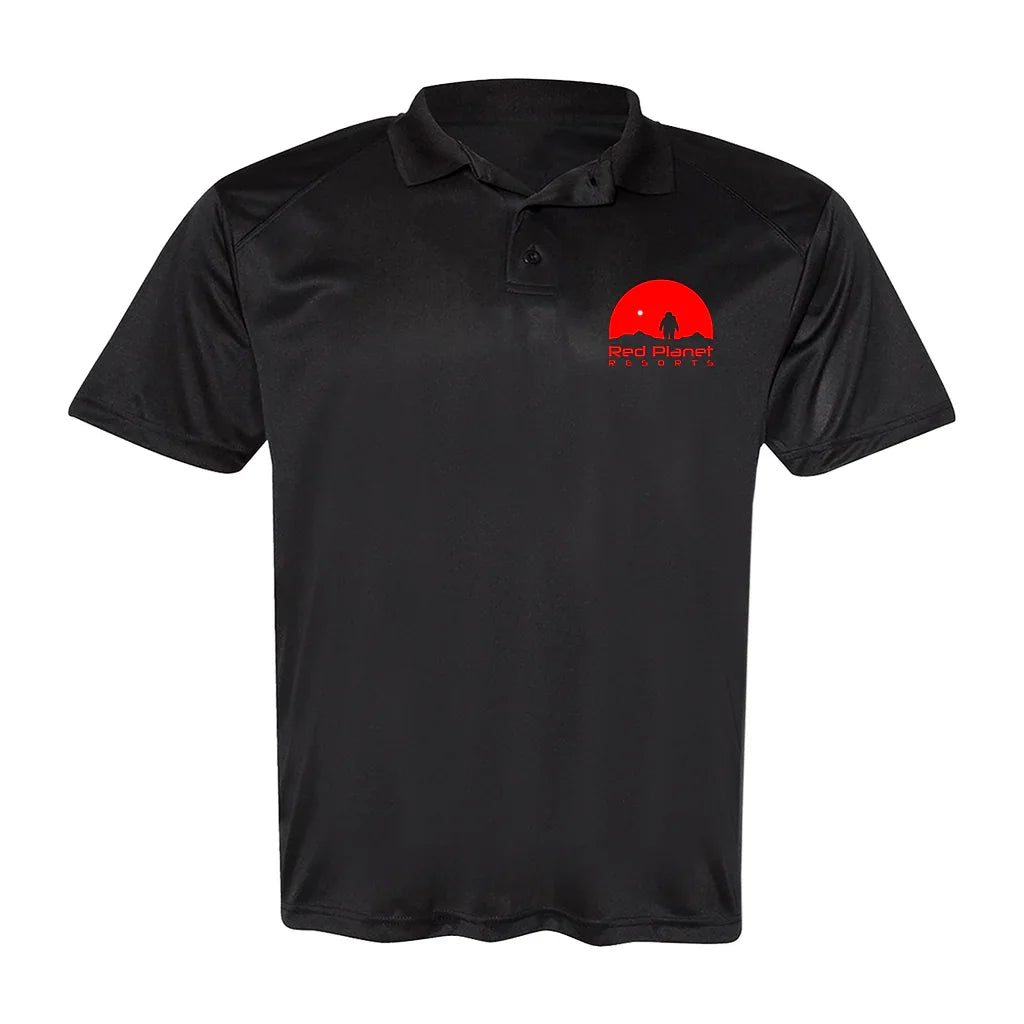 Black polo shirt with Red Planet Resorts logo featuring a red sun and astronaut silhouette