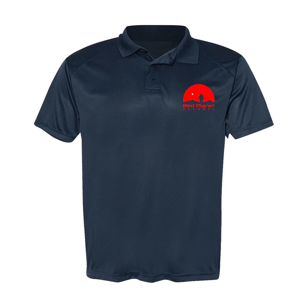 Navy blue polo shirt with red planet resorts logo featuring astronaut and red sun