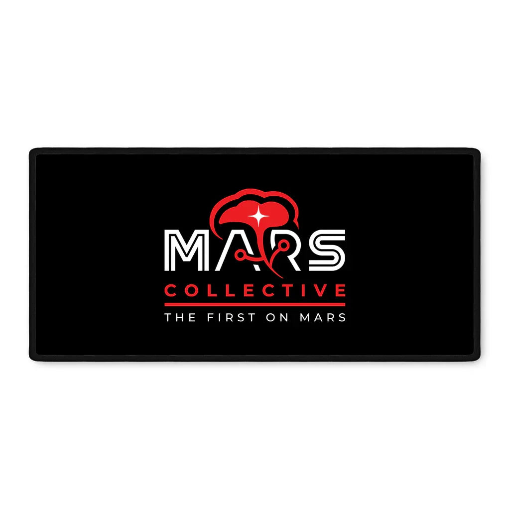 Black mousepad with red and white Mars Collective logo and slogan The First on Mars