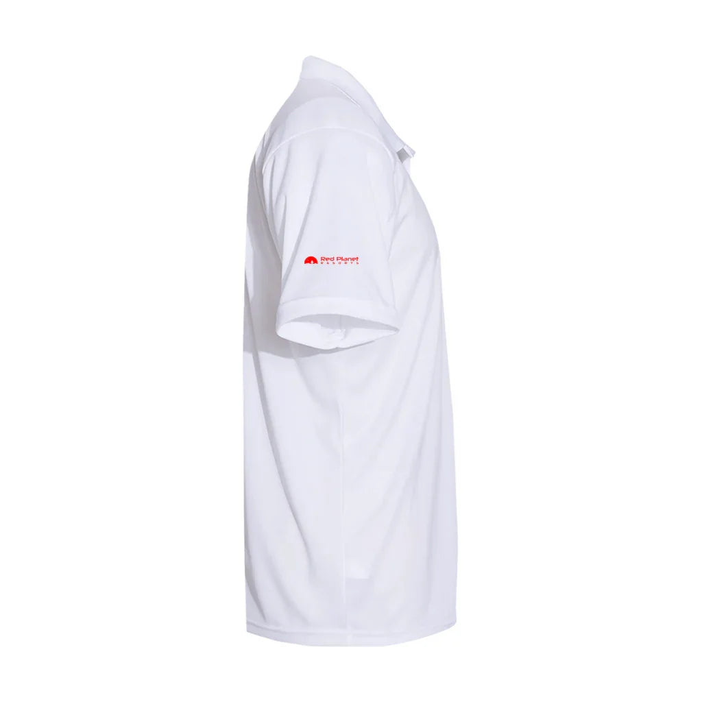 White polo shirt with Red Planet Resorts logo on sleeve, displayed on white background