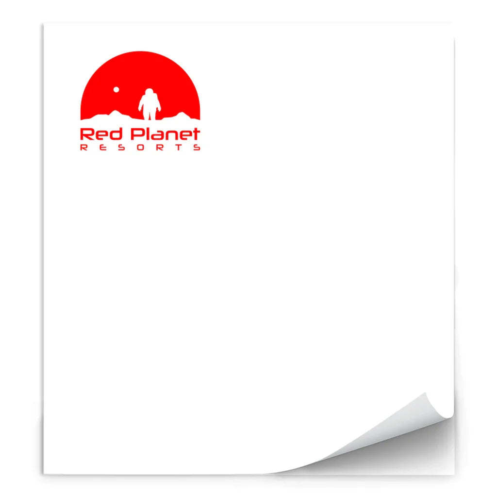 Red Planet Resorts logo with astronaut silhouette and red sun on white curled paper background