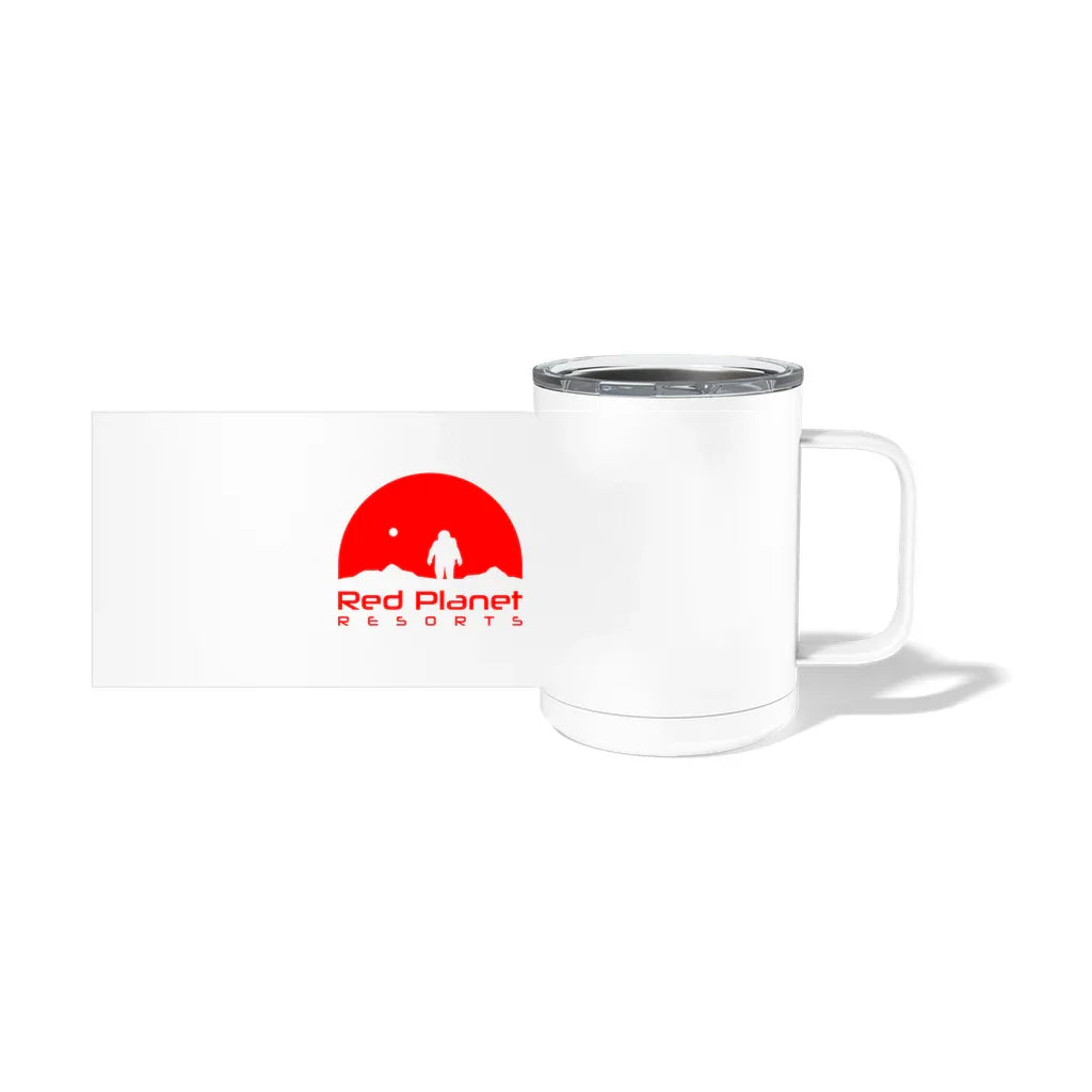 White travel mug with clear lid featuring red Red Planet Resorts logo and astronaut graphic