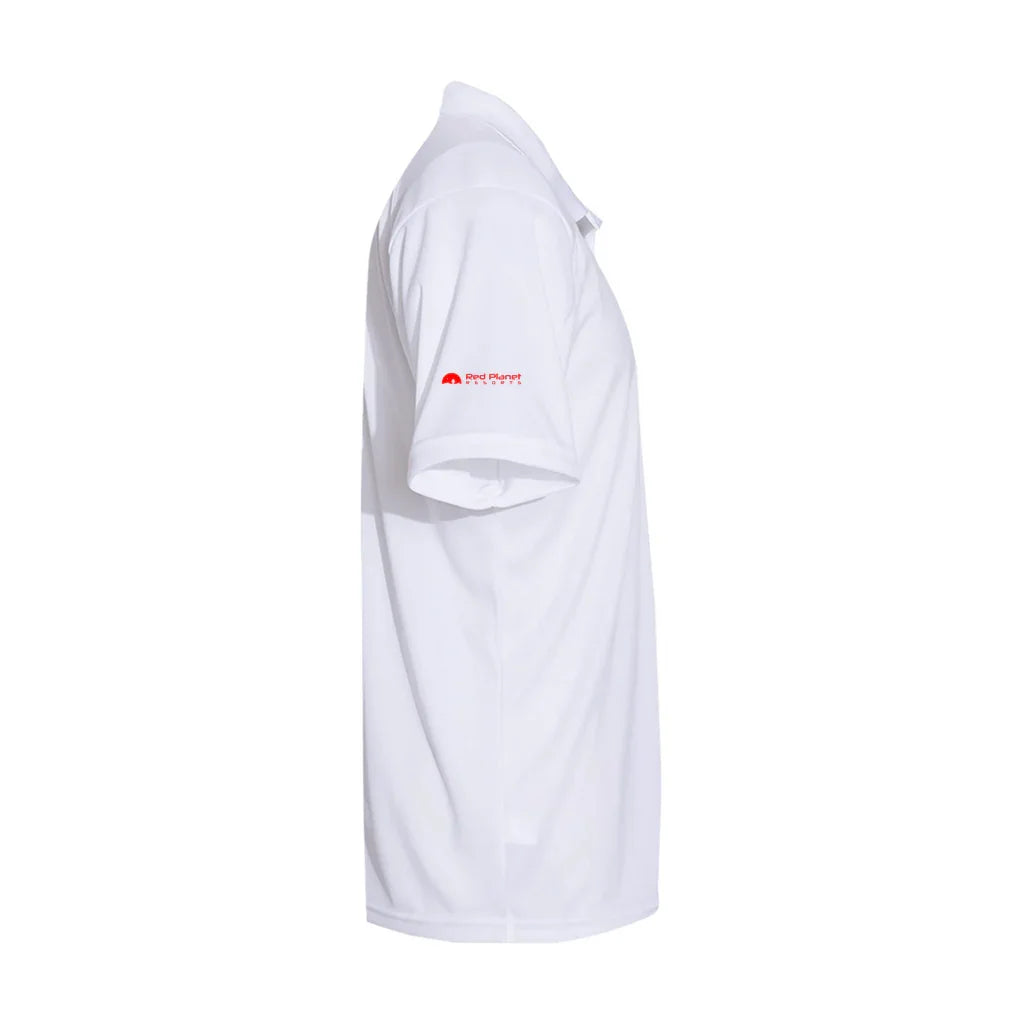 White short-sleeve polo shirt with Red Planet Resorts logo on the sleeve