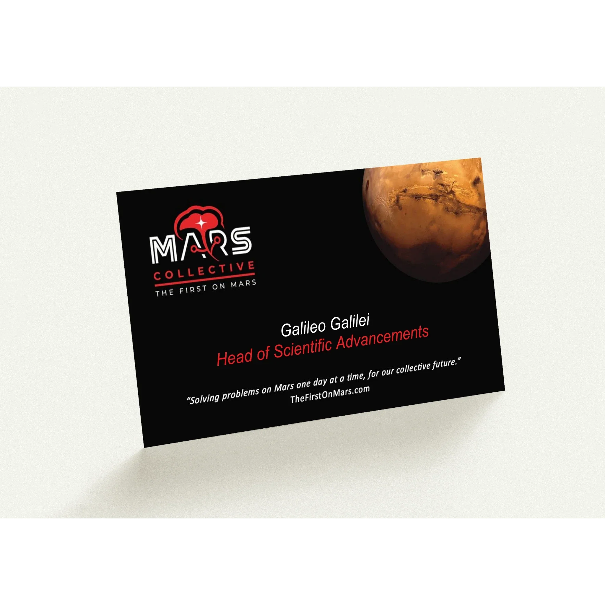 Mars Collective business card with Mars planet image, featuring Galileo Galilei as Head of Scientific Advancements