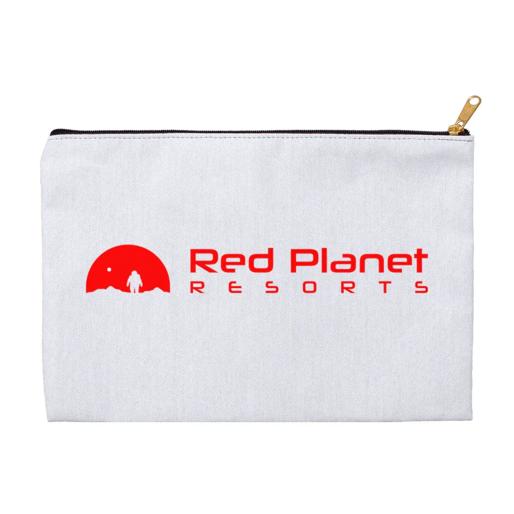 White zippered pouch with Red Planet Resorts logo featuring red astronaut silhouette and text