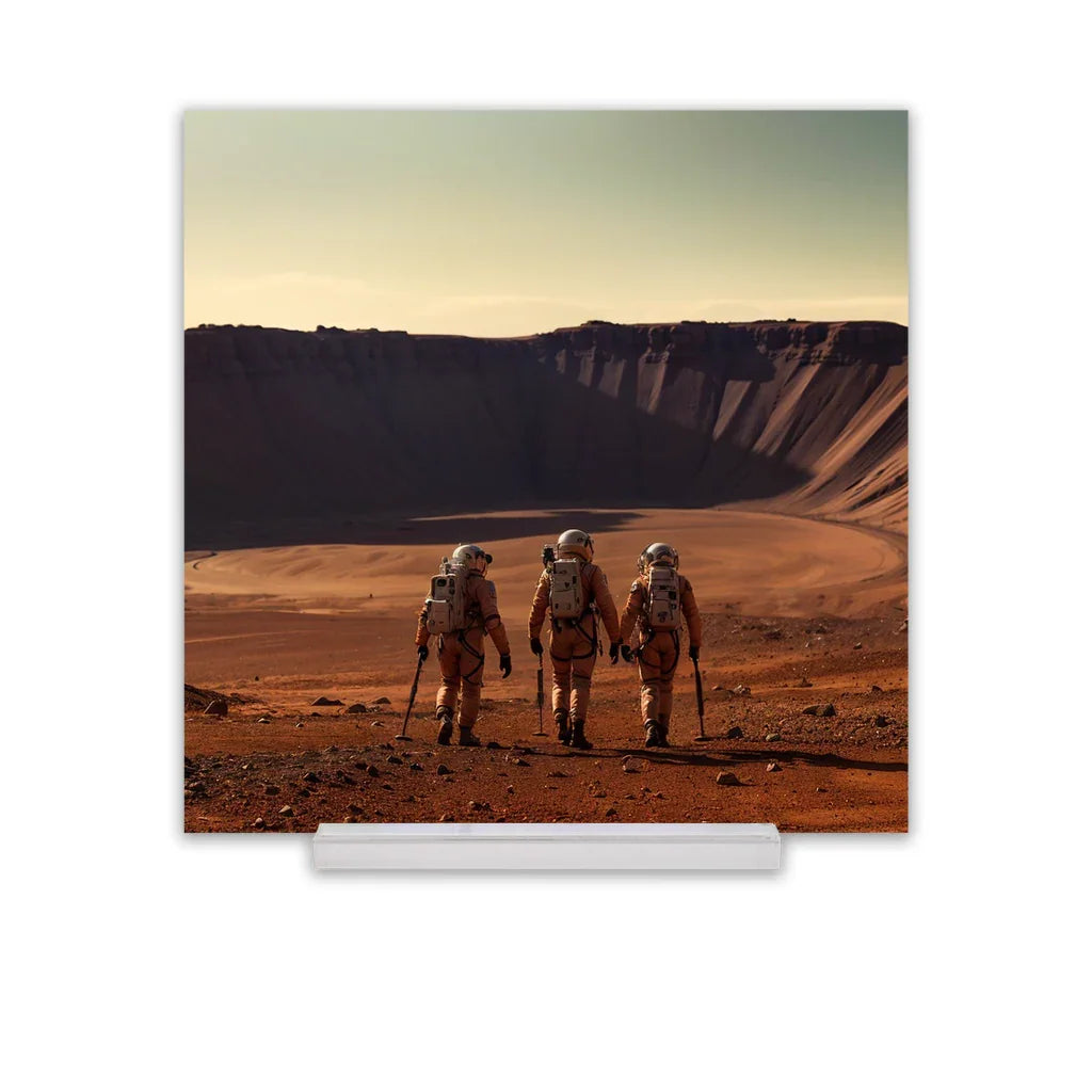 Three astronauts walking on a rocky Mars-like terrain toward a large crater under a pale sky