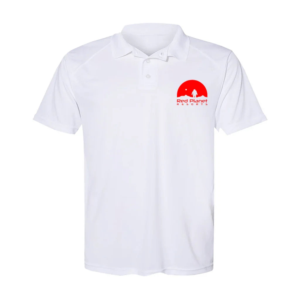 White polo shirt with red Red Planet Resorts logo featuring a red circle and stylized graphic on chest