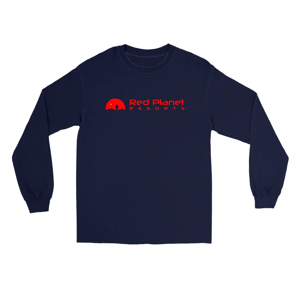 Navy blue long-sleeve shirt with red Red Planet Resorts logo and astronaut graphic on chest