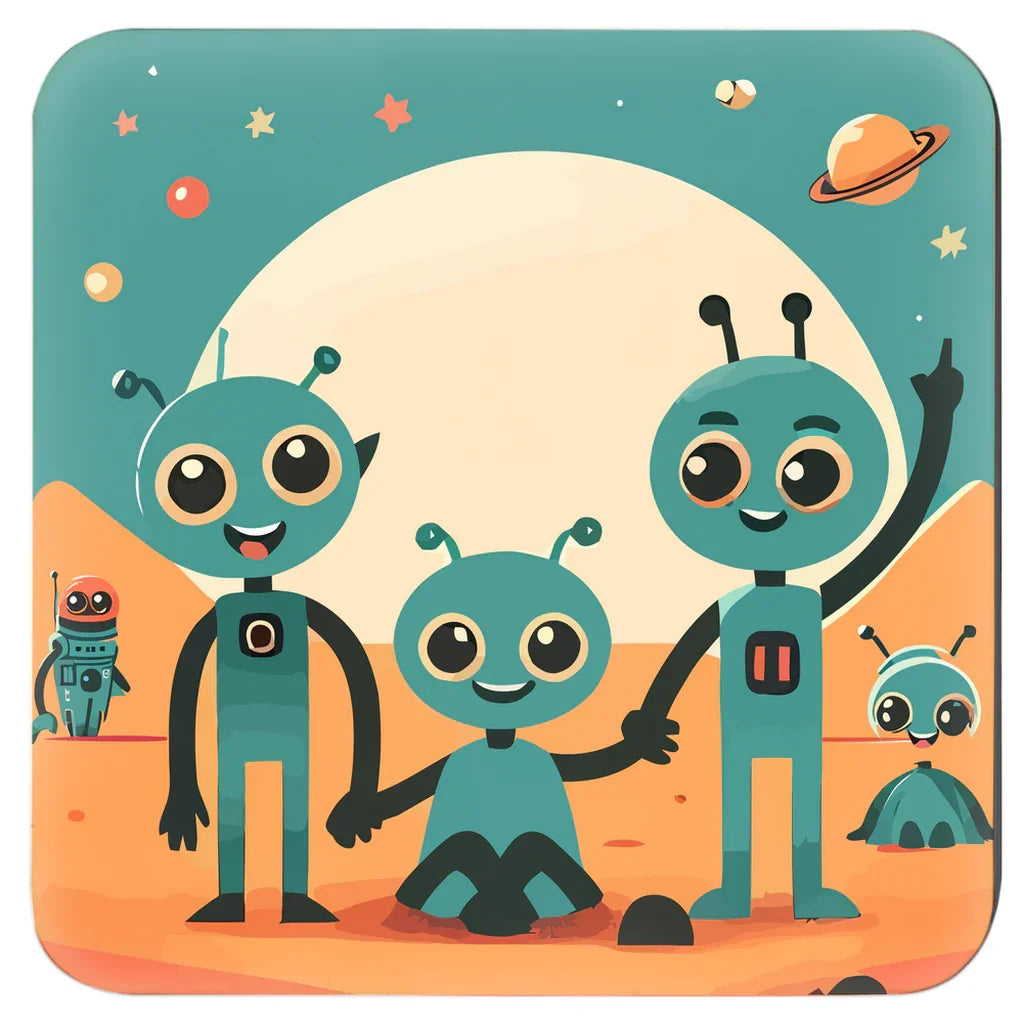 Cartoon aliens holding hands on an orange planet with a large moon and stars in the background