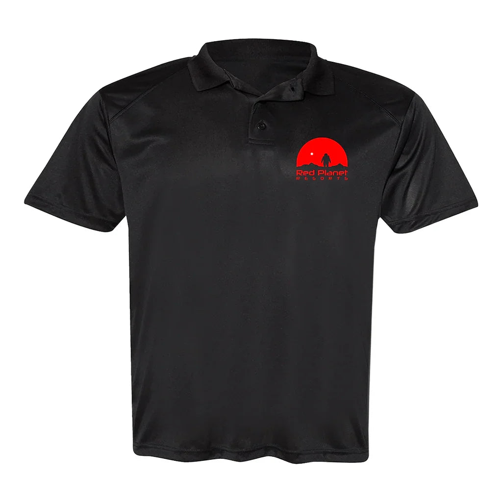 Black polo shirt with Red Planet Resorts logo featuring astronaut silhouette and red planet graphic