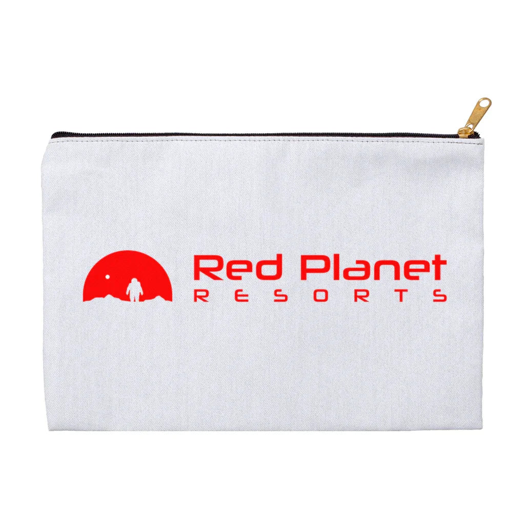 White zippered pouch with red Red Planet Resorts logo featuring an astronaut silhouette and planet