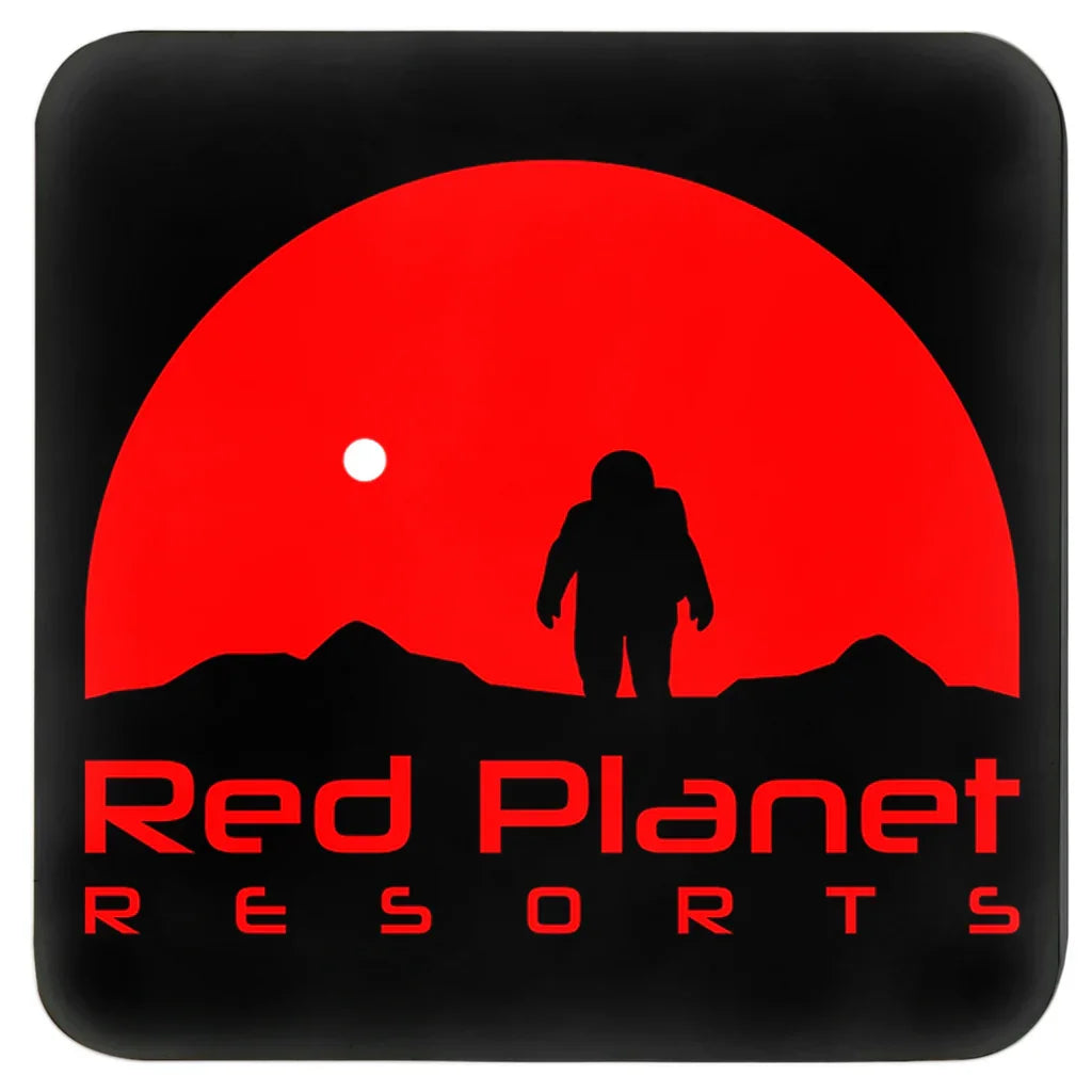 Red Planet Resorts logo with black astronaut silhouette on red circle and black mountain horizon