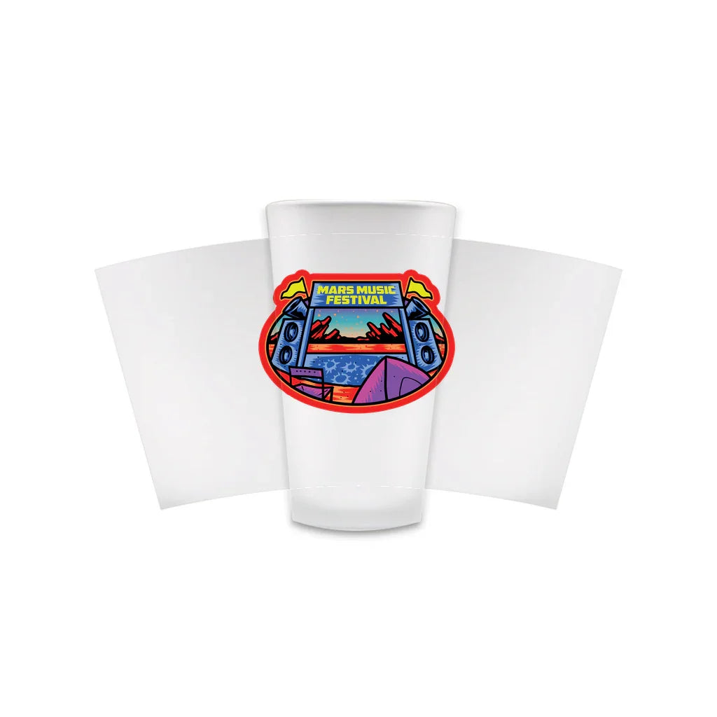 White pint glass with colorful Mars Music Festival logo featuring speakers, tent, and Mars landscape
