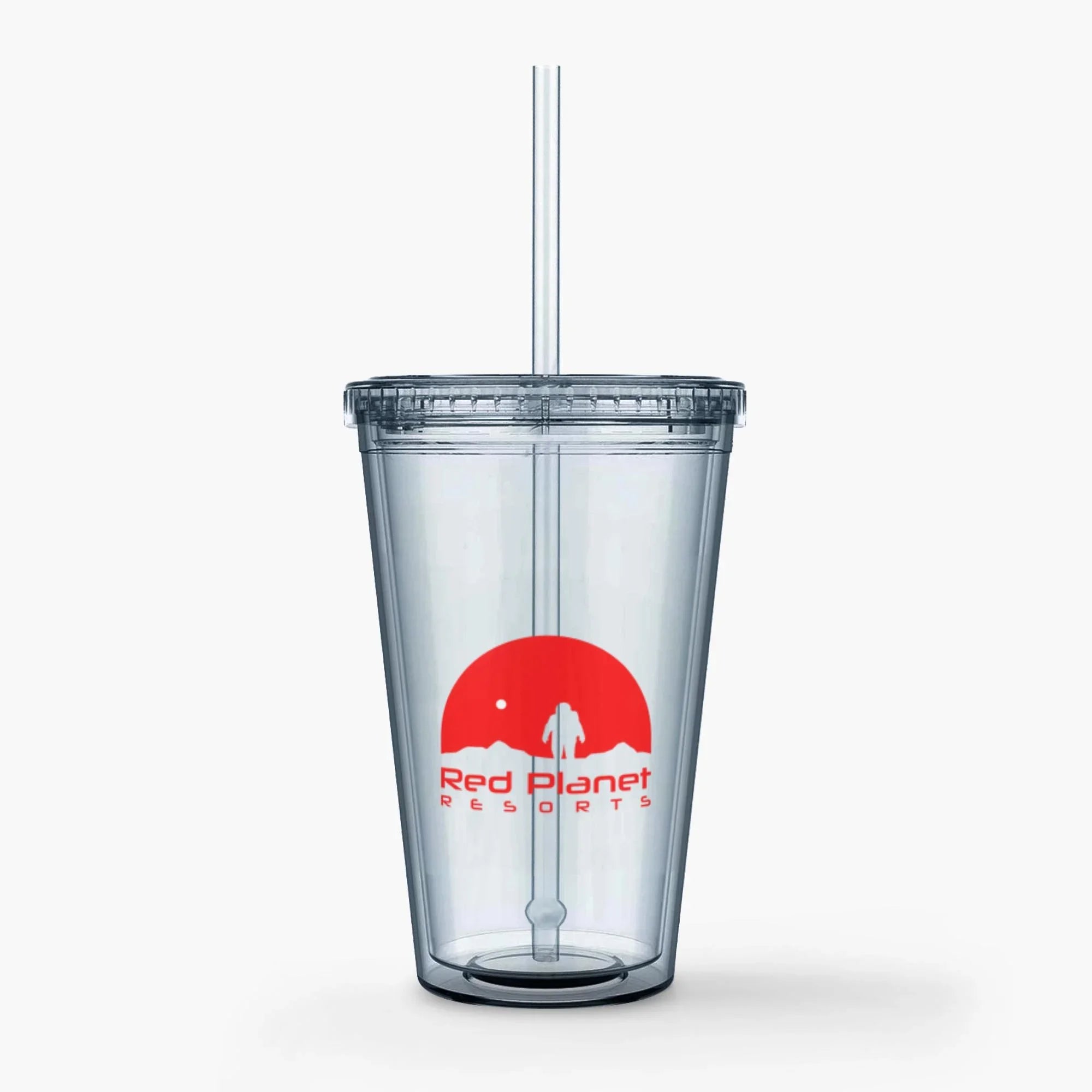 Clear plastic tumbler with lid and straw featuring Red Planet Resorts logo with astronaut and red sun